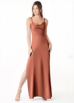 Azazie Alaija Bridesmaid Dresses Clay Mermaid Side Slit Stretch Satin Dress image2
