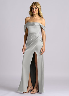 Azazie Auden Robes de demoiselle d'honneur Robe Fourreau Convertible en Satin extensible Épaule décolletée Argent image4
