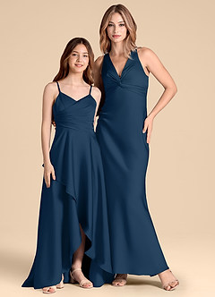 Azazie Prisha Junior Dark Navy A-Line Pleated Stretch Satin Dress image3