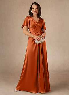 Azazie Emmeline Mother of the Bride Dresses Burnt Orange A-Line Pleated Stretch Satin Dress image1