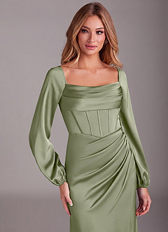 Azazie Charissa Bridesmaid Dresses Pistachio Sheath Long Sleeve Stretch Satin Dress image7