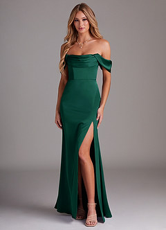 Azazie Saige Bridesmaid Dresses Emerald Sheath Off the Shoulder Stretch Satin Dress image1