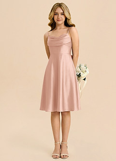 Azazie Bear Junior Robe Trapèze en Satin extensible Encolure en Forme de Cœur Or Rose image5