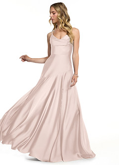 Azazie Kayla Bridesmaid Dresses Blushing Pink Sheath Side Slit Stretch Satin Dress image3