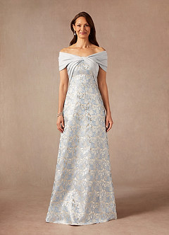 Azazie Amelia Vestidos para mãe da noiva Vestir Azul Empoeirado de Jacquard de Linha A com Fora do ombro image3