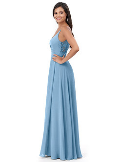 Azazie Lennon Bridesmaid Dresses Steel Blue A-Line Lace Chiffon Dress image3
