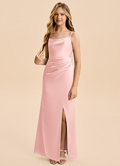 Azazie Christen Junior Powder Pink Sheath Pleated Stretch Satin Dress image1