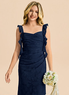 Azazie Jessamine Junior Robe Sirène en Floral Burnout Décolleté en cœur Bleu Marine Foncé image6