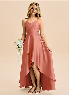 Azazie Eirlys Junior A-Linie Plissee Stretch-Satin Kleid Lachsrosa image1