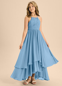 Azazie Elliora Junior Steel Blue A-Line Pleated Chiffon Dress image3