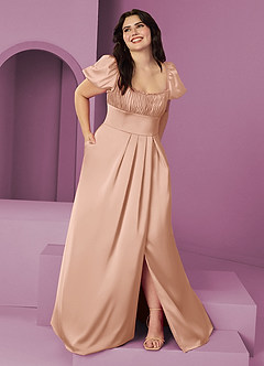 Barbie ♥ Azazie Bridesmaid Dresses Rose Gold A-Line Ruched Stretch Satin Dress image1
