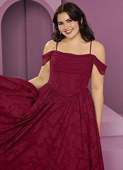 Barbie ♥ Azazie Jurken voor bruidsmeisjes Converteerbaar Jurk van Bloemen Burn-out met A-Lijn Off the Shoulder Bourgondië image9