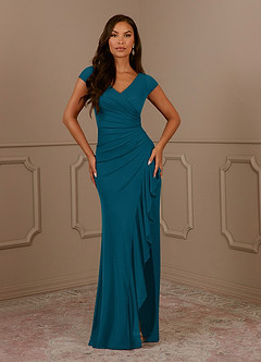 Azazie Roya Mother of the Bride Dresses Ink Blue Mermaid V-Neck Pleated Mesh Dress image2
