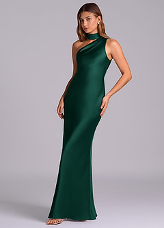 Azazie Seona Bridesmaid Dresses Emerald Mermaid One Shoulder Stretch Satin Dress image6