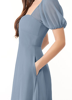 Azazie Baby Vestidos de damas de honor Vestido de Dusty Blue de Gasa de Corte en A con Corazón fruncido image6