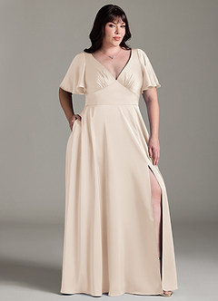 Azazie Kimber Bridesmaid Dresses White Alabaster A-Line Ruched Stretch Satin Dress image9