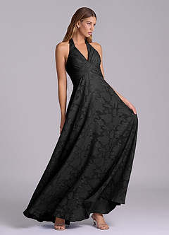 Azazie Tessie At-home Try On Dresses Black A-Line Pleated Floral Burnout Dress image5