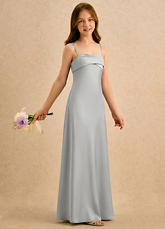 Azazie Mirabella Girls Formal Robe Demoiselle D'honneur Fillette Robe Fourreau en Satin extensible Encolure en Forme de Cœur Argent image4