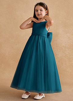 Azazie Cookie Blumenmädchenkleider A-Linie Schleifen Tüll Kleid Tintenblau image4