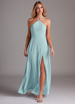 Azazie Bailey Bridesmaid Dresses Sea Glass A-Line Halter Side Slit Chiffon Dress image4