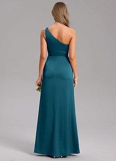 Azazie Feby Bridesmaid Dresses Ink Blue A-Line One Shoulder Stretch Satin Dress image2