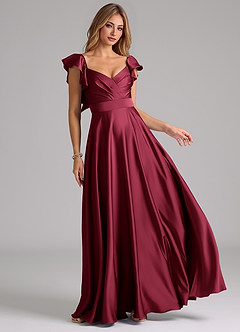 Azazie Leilani Bridesmaid Dresses Burgundy A-Line Ruched Stretch Satin Dress image1