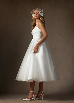Azazie Dolores Wedding Dresses Diamond White A-Line V-Neck lace Satin Dress image6