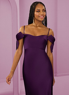 Barbie ♥ Azazie Bridesmaid Dresses Grape Sheath Off the Shoulder Stretch Satin Convertible Dress image3