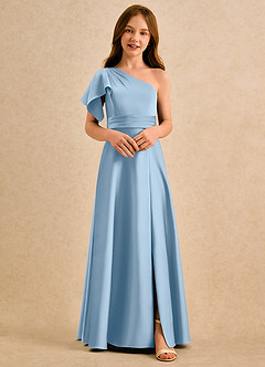 Azazie Jazzy Girls Formal Flower Girl Dresses Powder Blue A-Line One Shoulder Stretch Satin Dress image3