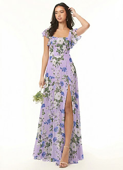 Azazie Bondi Vestidos de madrinha de casamento Vestido Floral Lilás de Chiffon de Linha A com Franzido image2
