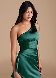 Azazie Latrice Bridesmaid Dresses Pine Sheath One Shoulder Metallic Satin Dress image3