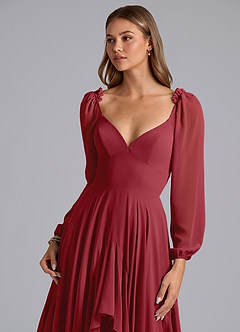 Azazie Karan Bridesmaid Dresses Pomegranate A-Line Long Sleeve Chiffon Dress image6