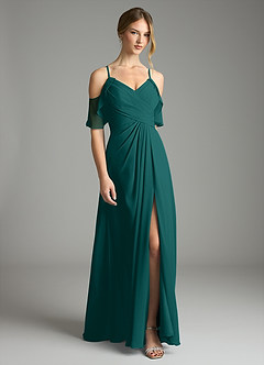 Azazie Dakota Bridesmaid Dresses Peacock A-Line V-Neck Pleated Chiffon Dress image3