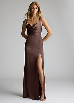 Azazie Elida Bridesmaid Dresses Ganache Sheath Pleated Stretch Satin Dress image1