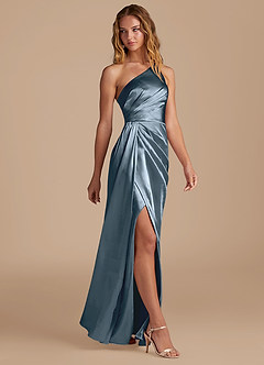 Azazie Mika Bridesmaid Dresses Twilight Sheath One Shoulder Metallic Satin Dress image4