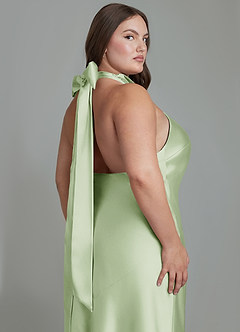 Azazie Velli Bridesmaid Dresses Dusty Sage Sheath High Neck Metallic Satin Dress image14