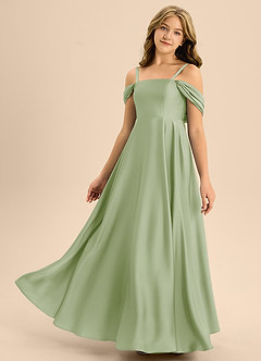 Azazie Rowena Junior Robe Trapèze en Satin extensible Arc Vert Sauge image6