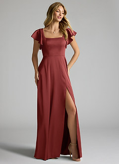 Azazie Bondi Robes de demoiselle d'honneur Robe Trapèze en Satin extensible Nœud Terracotta image2