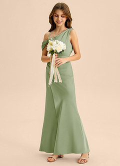 Azazie Madelyn Junior 쉬스 오프 더 숄더 스트레치 새틴 플로어 길이 주니어 신부 들러리 드레스 image5