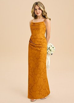 Azazie Mai Junior Butterscotch Sheath Pleated Floral Burnout Dress image1