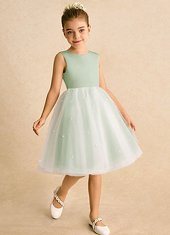 Azazie Esme Flower Girl Dresses Dusty Sage Ball-Gown Bow Tulle Dress image3