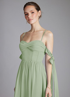 Azazie Ayanna At-home Try On Dresses Dusty Sage A-Line Off the Shoulder Chiffon Dress image4