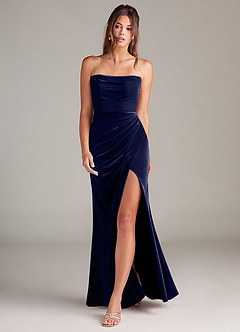 Azazie Leonis Robes de demoiselle d'honneur Robe Sirène en velours Sans bretelles Bleu Marine Foncé image4