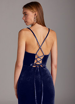 Azazie Kindness At-home Try On Dresses Black Sheath Cowl Neckline Corset Velvet Dress image5