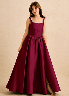 Azazie Enid Girls Formal Blomsterpigekjoler A-Line Perlebesat Stræk satin Gulv-længde Kjole image1