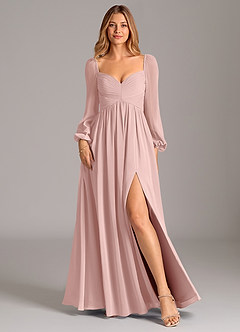 Azazie Bailee Bridesmaid Dresses Powder Pink A-Line Long Sleeve Chiffon Dress image1
