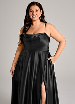 Azazie Elle Kleider zum Anprobieren zu Hause A-Linie mit Taschen Metallischer Satin Kleid Schwarz image12