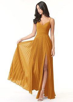 Azazie Vini Bridesmaid Dresses Butterscotch A-Line V-Neck Pleated Chiffon Dress image1