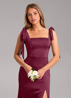 Azazie Frostine Brautjungfernkleider A-Linie Schleifen Stretch-Satin Kleid Maulbeerrot image4
