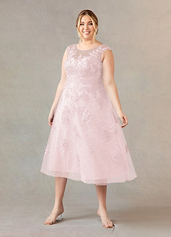 Azazie Flynn Mother of the Bride Dresses Blushing Pink A-Line Boatneck Lace Tulle Dress image6